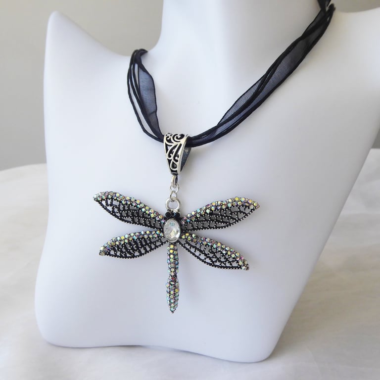 Black and Antique Silver tone Dragonfly Necklace with AB Rhinestones