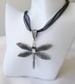 Black and Antique Silver tone Dragonfly Necklace with AB Rhinestones
