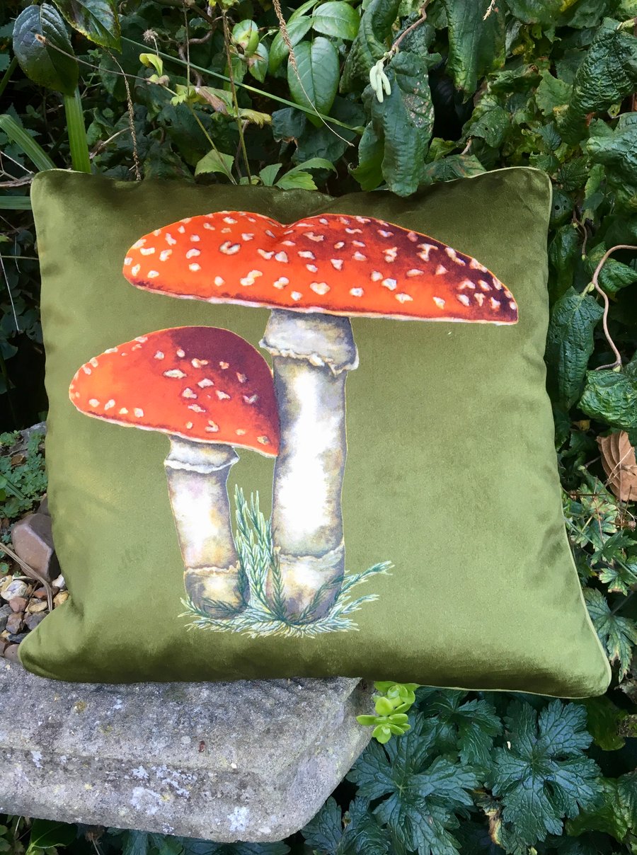 Velvet Toadstool cushion. Free UK P & P. Toadstool scatter pillow. Olive velvet.