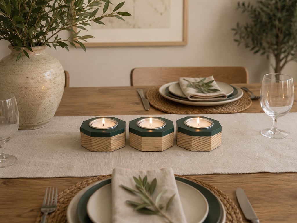 Handmade Reclaimed Wood Candle Holder Set of 3 - Green Accent Tealight Set