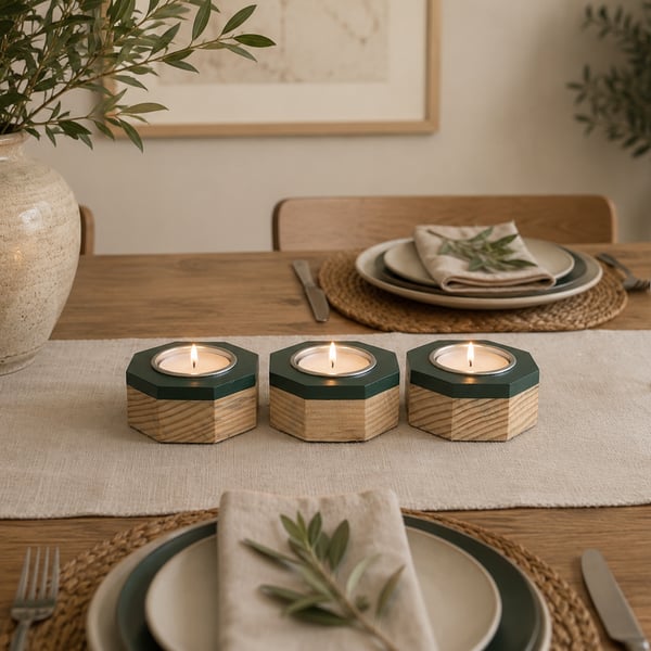 Handmade Reclaimed Wood Candle Holder Set of 3 - Green Accent Tealight Set