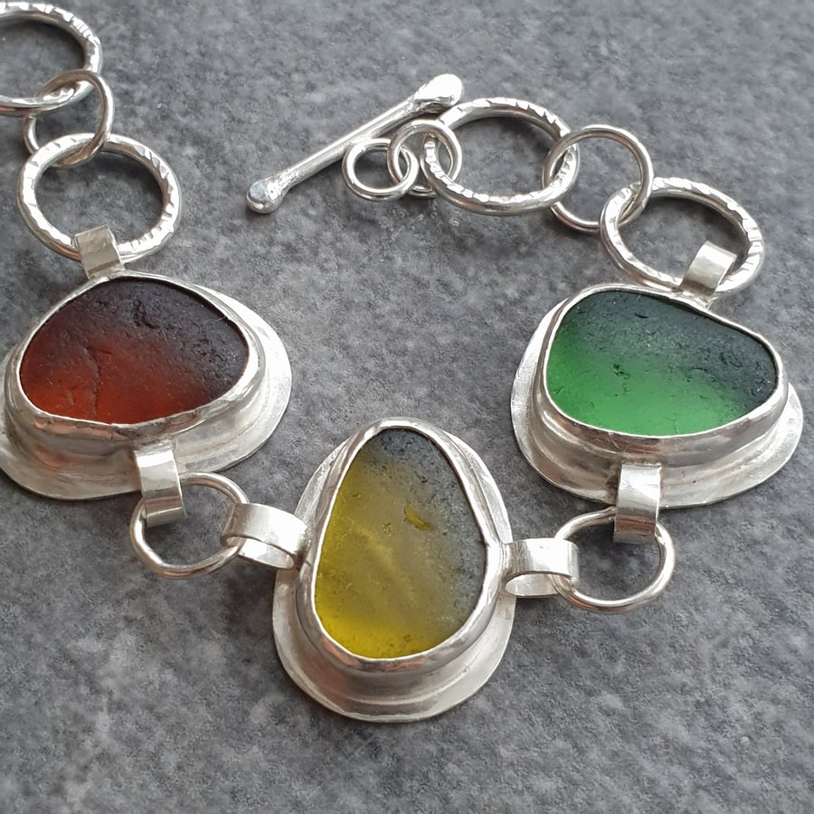 Autumnal seaglass bracelet, Chunky silver chain bracelet, Colourful sea glass