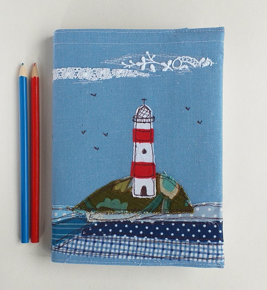 A5 Hardback Notebook with Embroidered Lighthouse on a Removable Cover