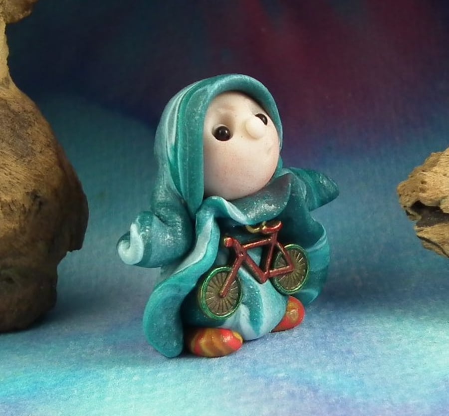 Cyclist Gnome 'Kit' with bicycle OOAK Sculpt Ann Galvin