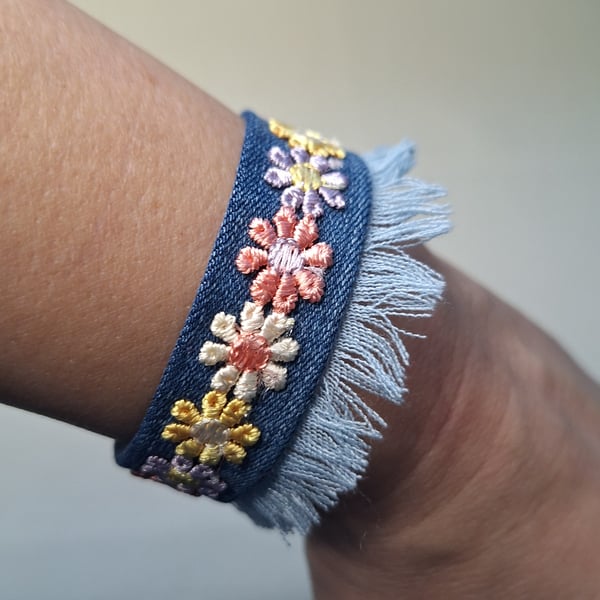 Upcycled Denim Cuff Bracelet with Pastel Floral Appliqué Ribbon