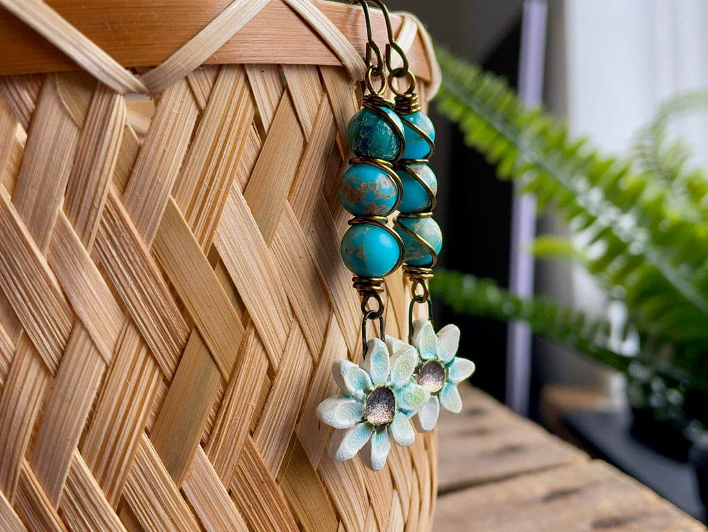 Wire Wrapped Dyed Imperial Jasper Earrings with Artisan Ceramic Flower Charms