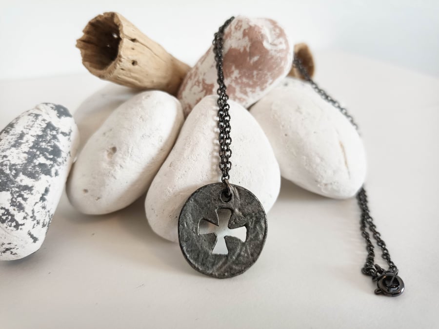 Antique Silver Round Cut Out Cross Charm Necklace, Halloween