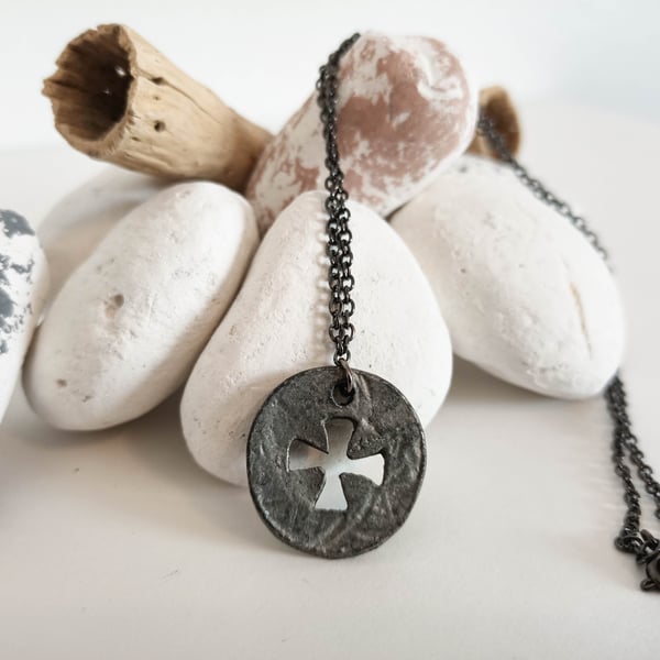 Antique Silver Round Cut Out Cross Charm Necklace, Halloween