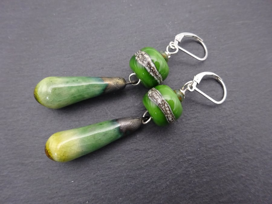green lampwork glass earrings, sterling silver lever back 