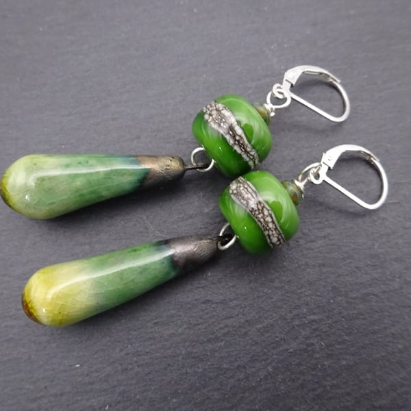 green lampwork glass earrings, sterling silver lever back 