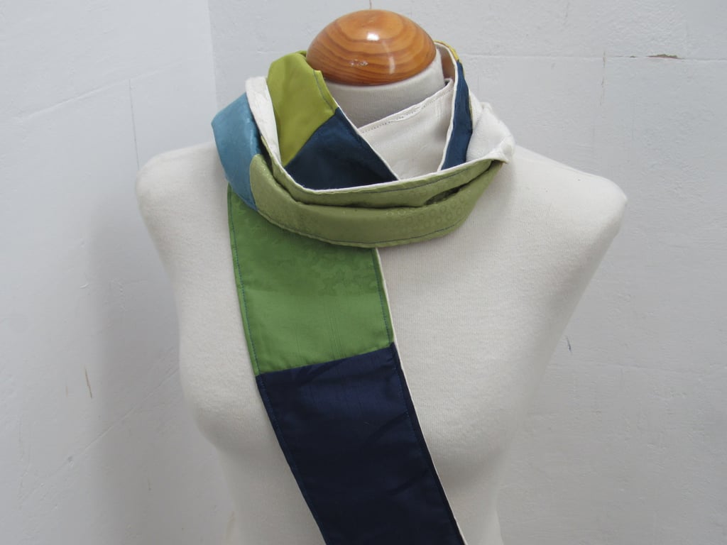 Long Thin Blue Green Satin Scrap Fabric Scarf