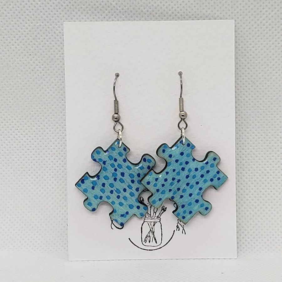 Hand-painted Jigsaw Earring Resin Coated - Blue dots on Blue