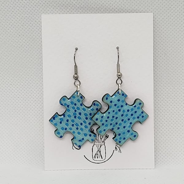 Hand-painted Jigsaw Earring Resin Coated - Blue dots on Blue