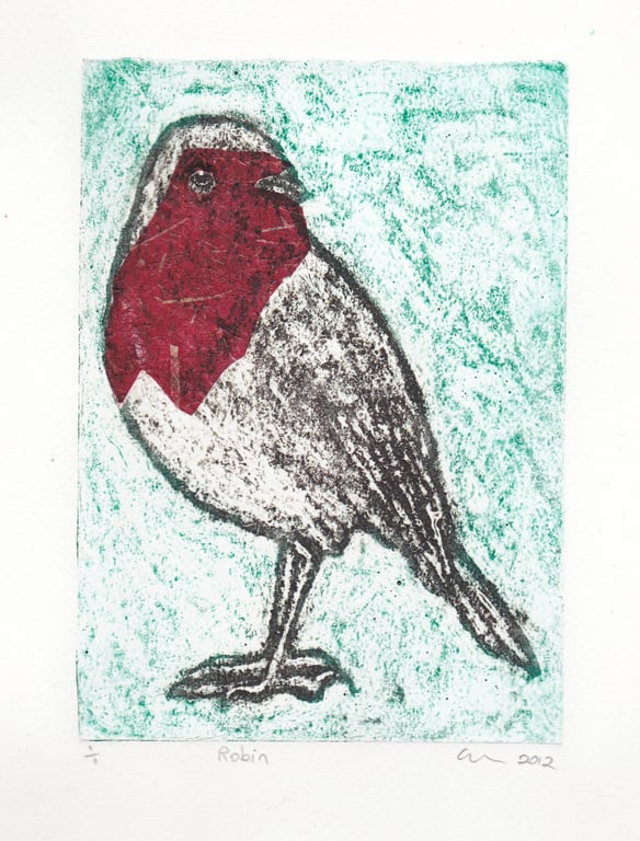 Robin One-Off Hand Pulled Collagraph Print with Red Chine Colle