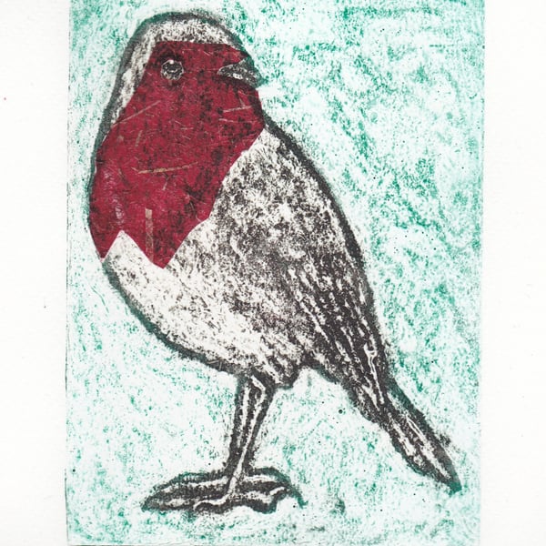 Robin One-Off Hand Pulled Collagraph Print with Red Chine Colle