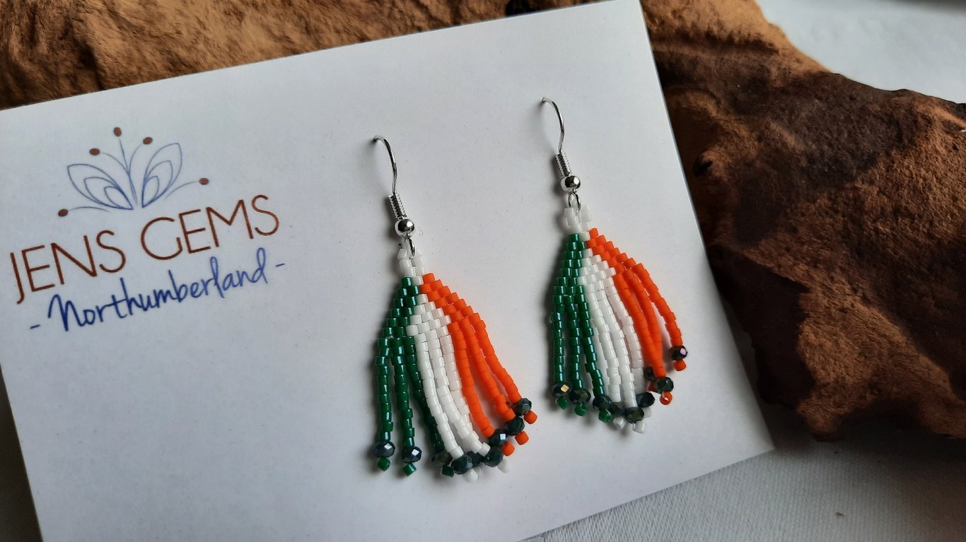 Beadwork Earrings - Irish Flag Tassel (2)