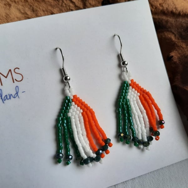 Beadwork Earrings - Irish Flag Tassel (2)