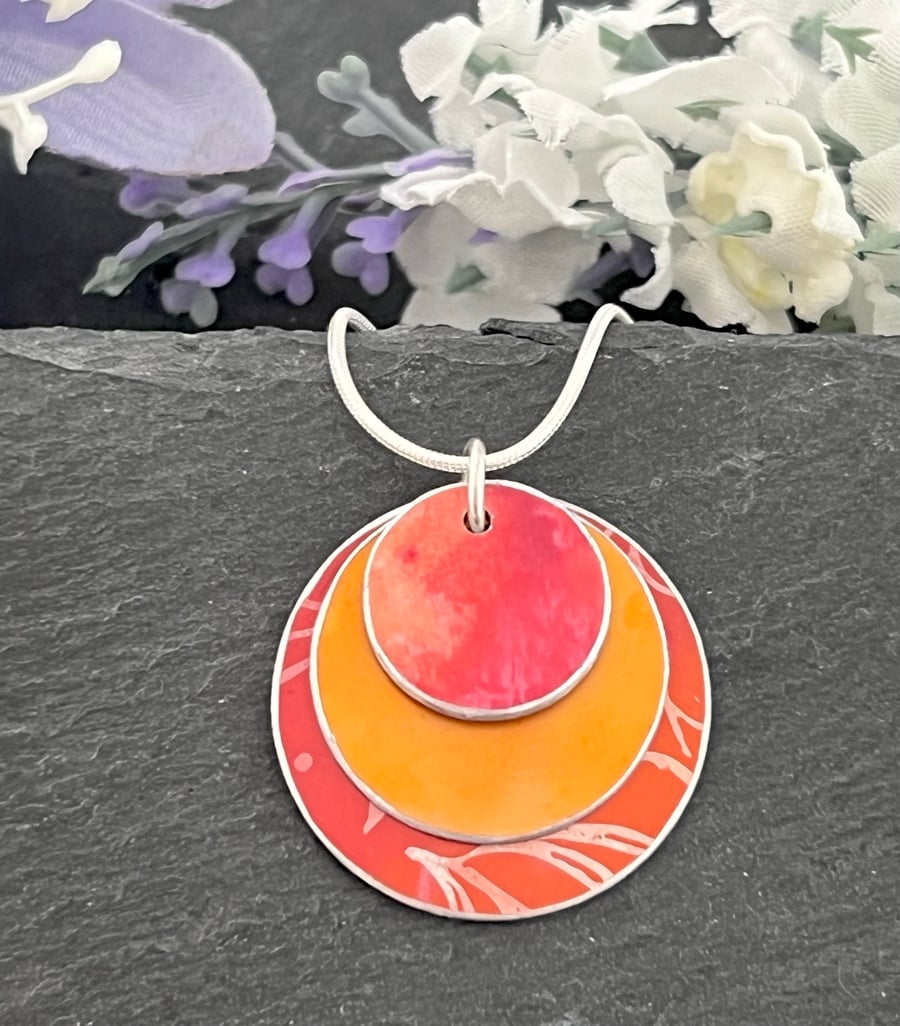 Hand painted aluminium pendant- fiery red and orange 