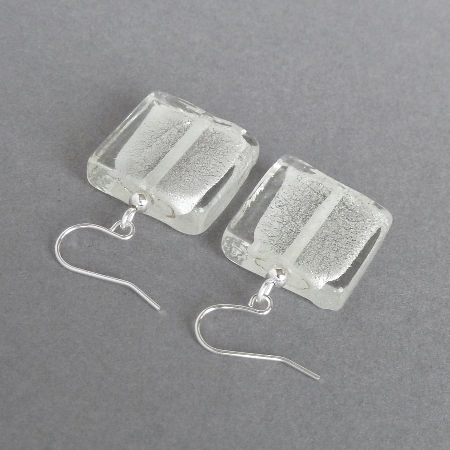 Big White Square Dangle Earrings - Square Silver Foil Lined Fused Glass Earrings