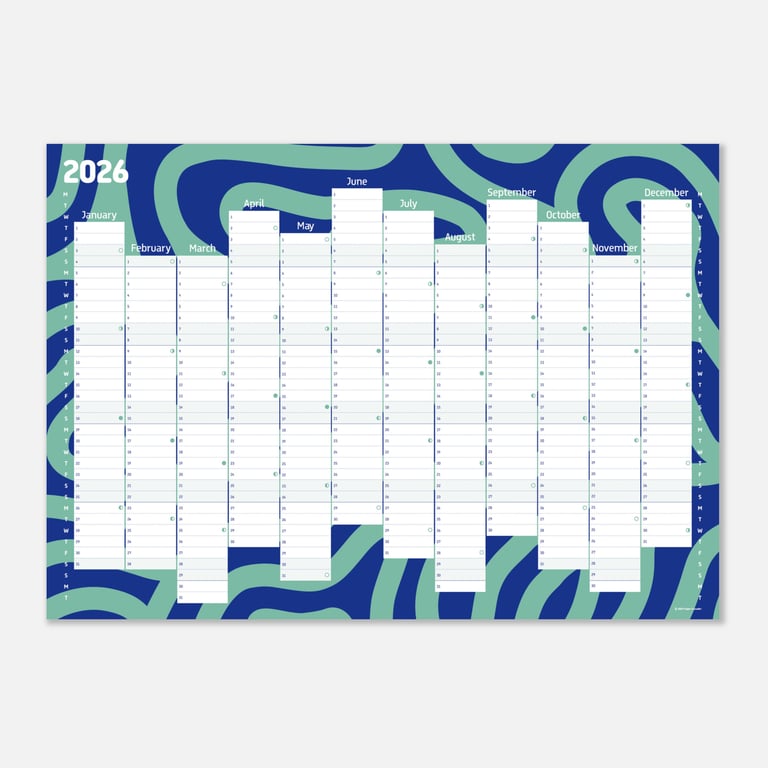 2026 Blue & Green Doodle Wall Planner – Modern Yearly Calendar for Study or Home