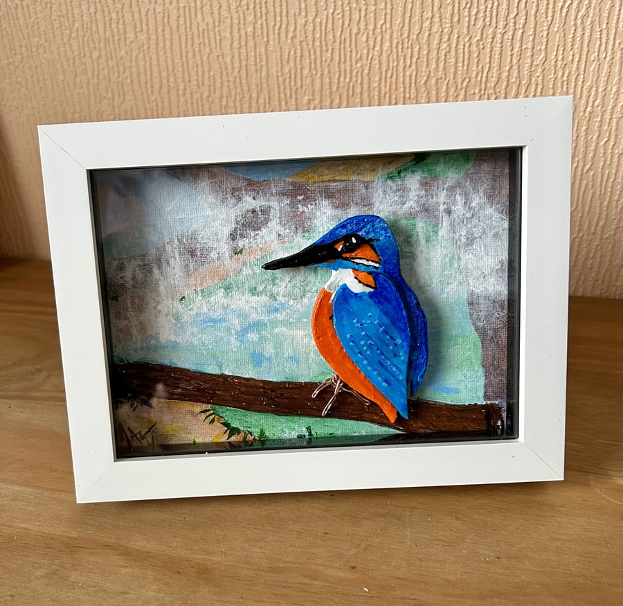Beautiful Kingfisher in clay, mixed media framed artwork, makes ideal gift 
