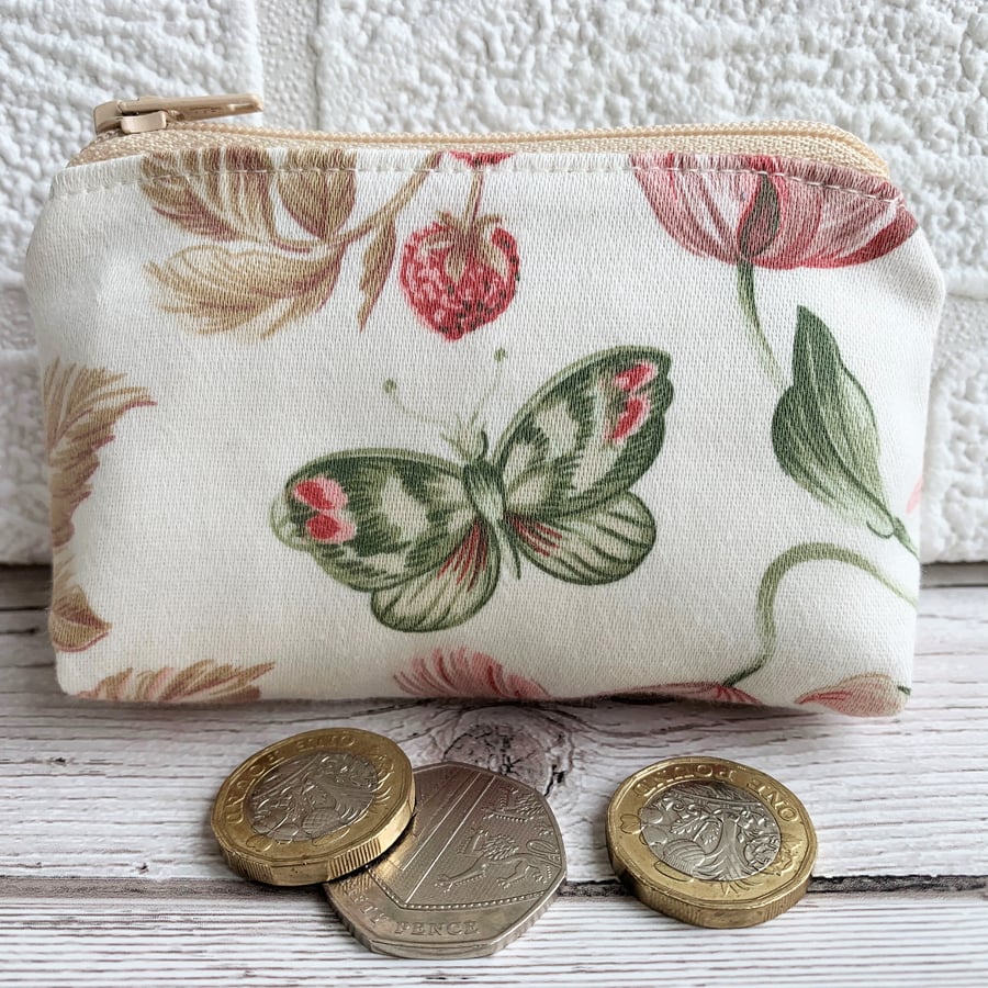 Small purse, coin purse with butterfly, strawberries and flowers