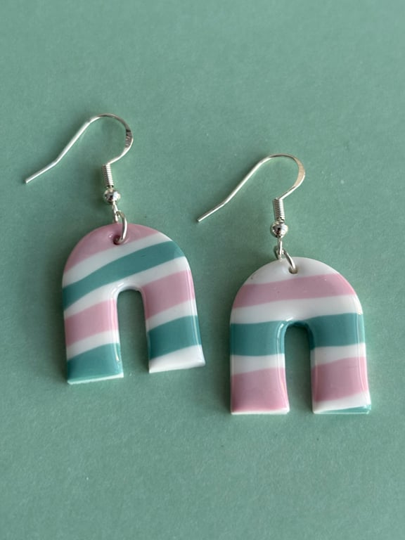 Green, pink and white stripe polymer clay earrings 