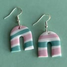 Green, pink and white stripe polymer clay earrings 