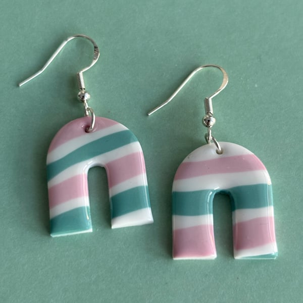 Green, pink and white stripe polymer clay earrings 