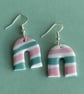 Green, pink and white stripe polymer clay earrings 