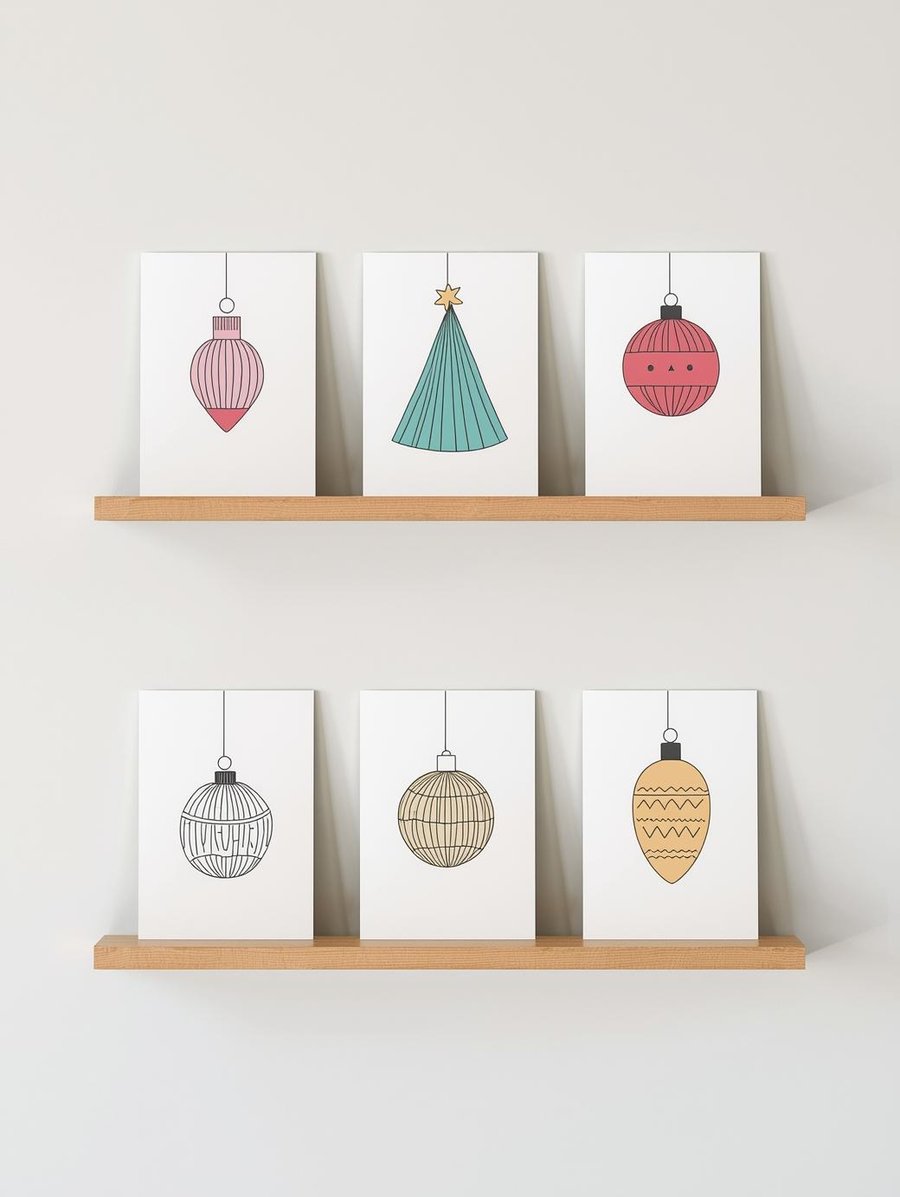 Pack of 6 -  Christmas Cards - A6 White Linen Note Cards & Envelope Set
