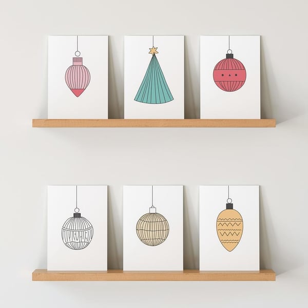 Pack of 6 -  Christmas Cards - A6 White Linen Note Cards & Envelope Set