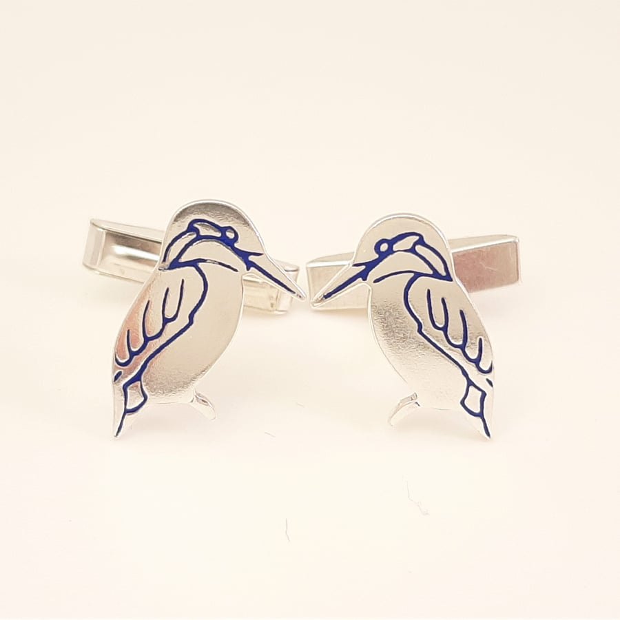 Kingfisher Cufflinks, Silver Nature Jewellery, Handmade Wildlife Gift for Him