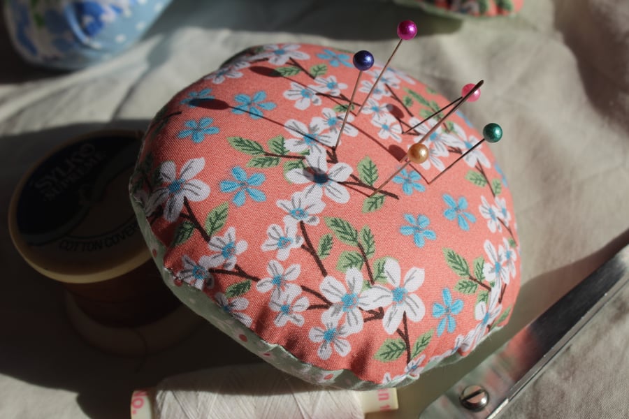 Peach and Green Floral Round Pin Cushion