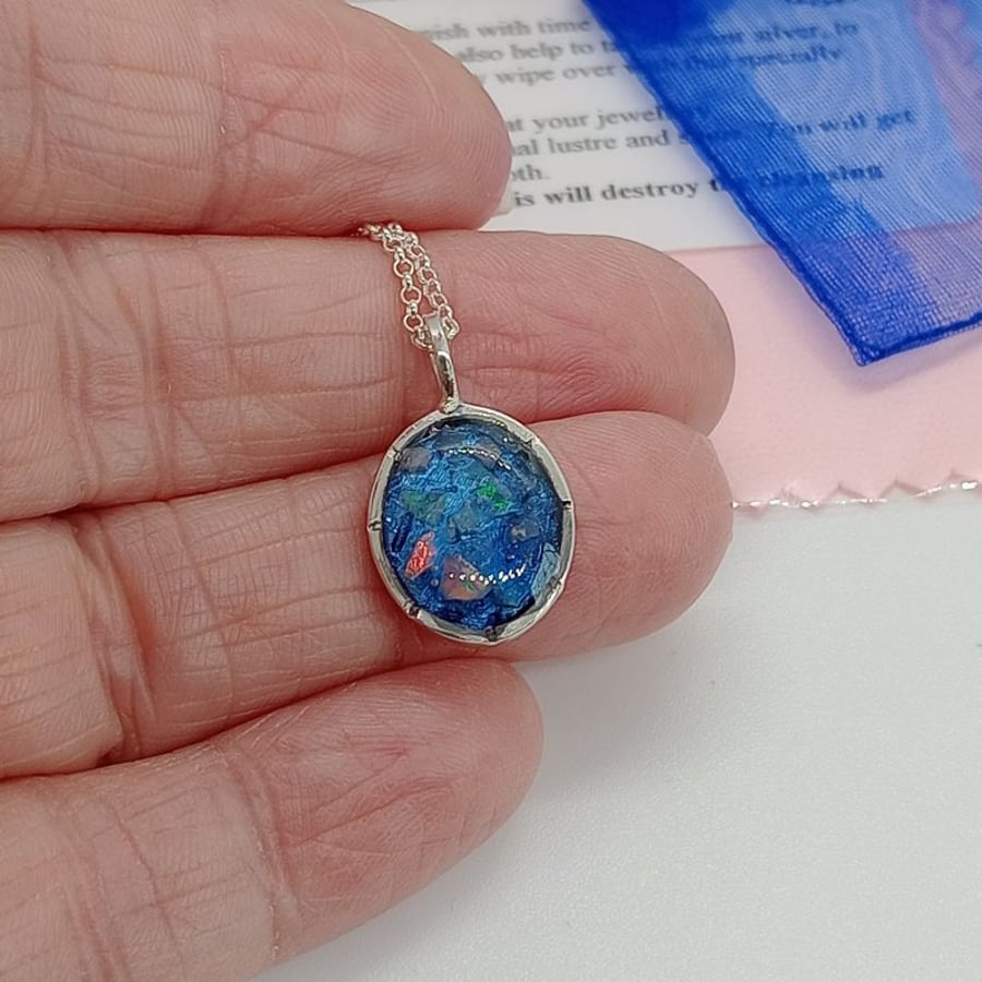 Opal pendant Ethiopian opal set in resin sterling silver gift for her