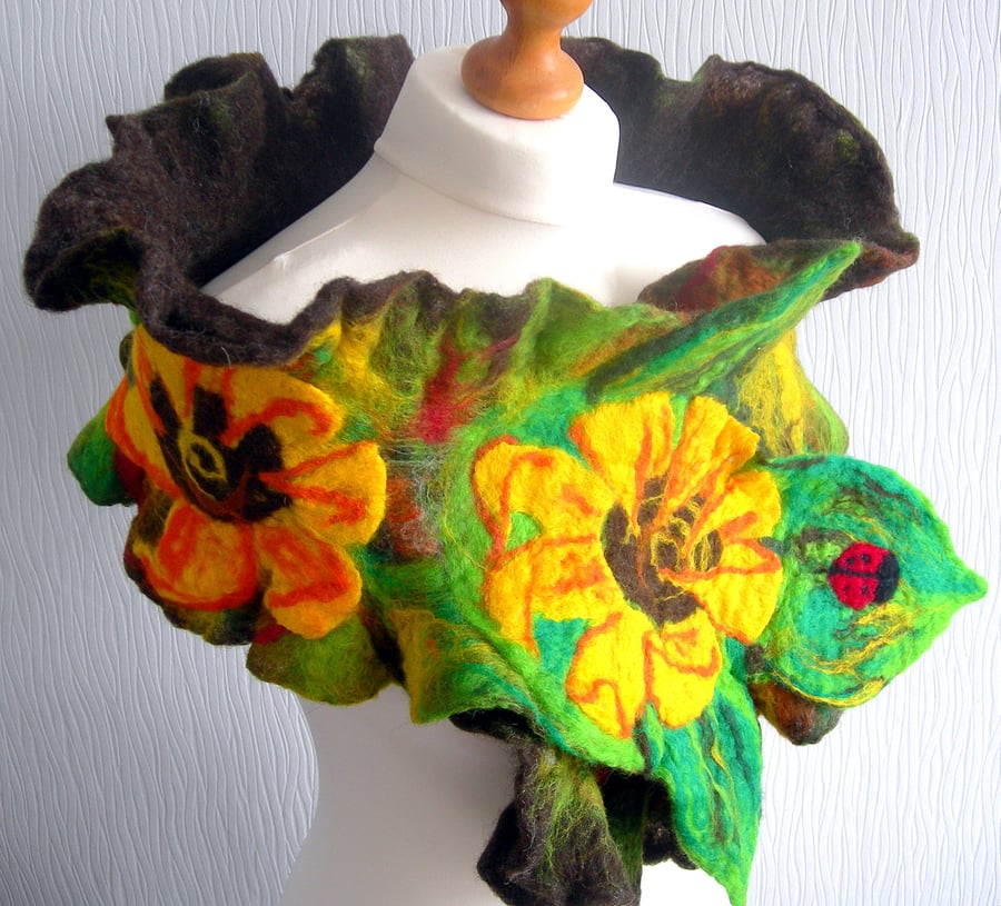   SALE...Wool Jewelry felted SCARF-PEACOCK-100% WOOL MERINO