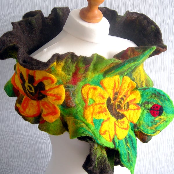   SALE...Wool Jewelry felted SCARF-PEACOCK-100% WOOL MERINO