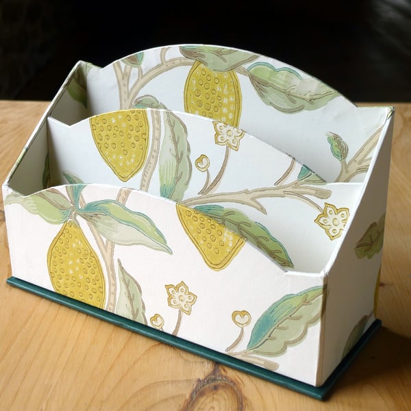William Morris Letter Rack: Ornate Desk Organiser in Lemons White, Handmade in E