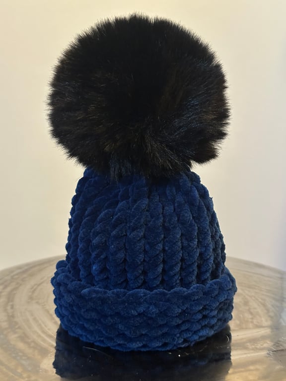 Handmade Baby Navy Hat with Black Pom Pom 