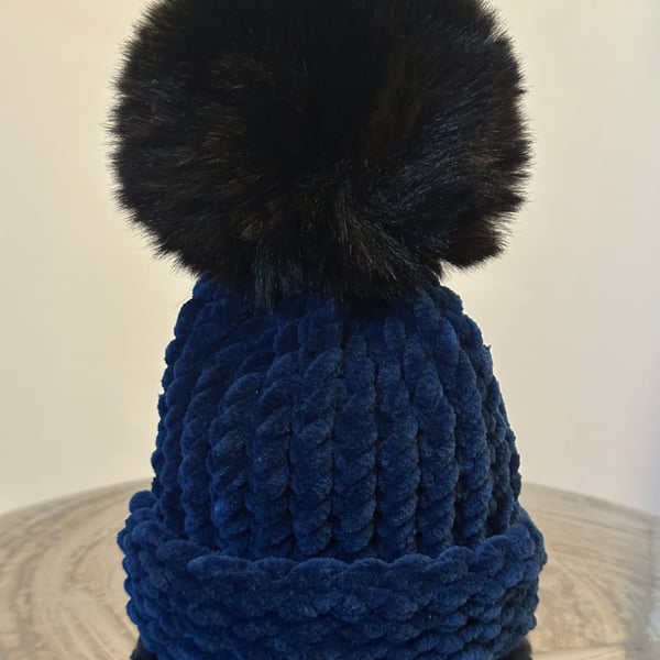 Handmade Baby Navy Hat with Black Pom Pom 