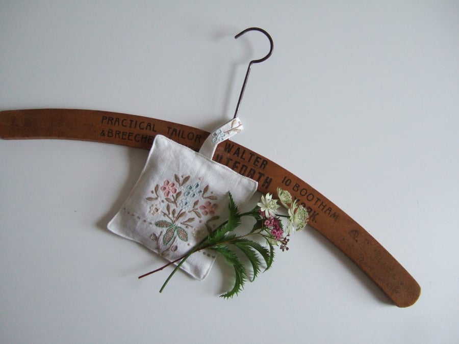 Lavender bag made in vintage embroidered tablecloth. 