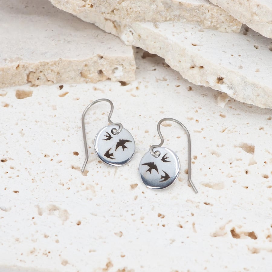 Small Swallows dangle earrings - Hypoallergenic titanium ear wires