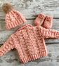 Hand Knitted Newborn Baby Coming Home Set –  Girls Peach Cardigan Hat & Mittens - Image 4