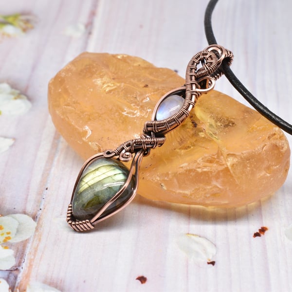 Wire Wrapped Labradorite and Moonstone Necklace