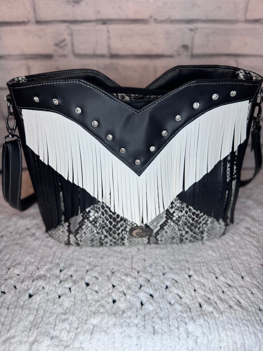 Medium sized Crossbody Faux leather bag with fringe in black, white &snakeskin