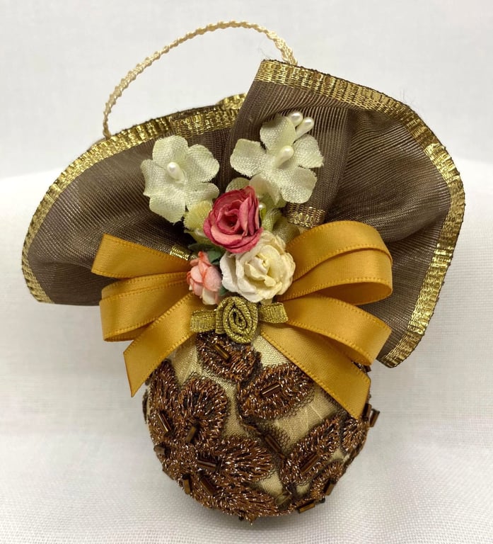 Gold and Bronze Christmas Bauble with Beaded Lace, Ribbon Trim and Flowers