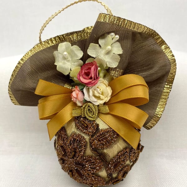 Gold and Bronze Christmas Bauble with Beaded Lace, Ribbon Trim and Flowers