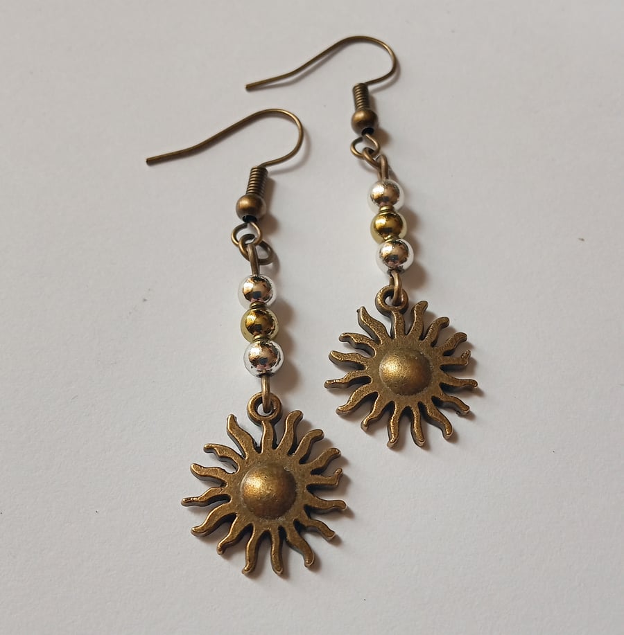Bronze Beaded Tribal Sun Earrings 