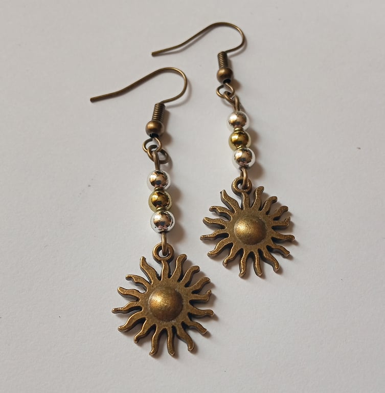 Bronze Beaded Tribal Sun Earrings 