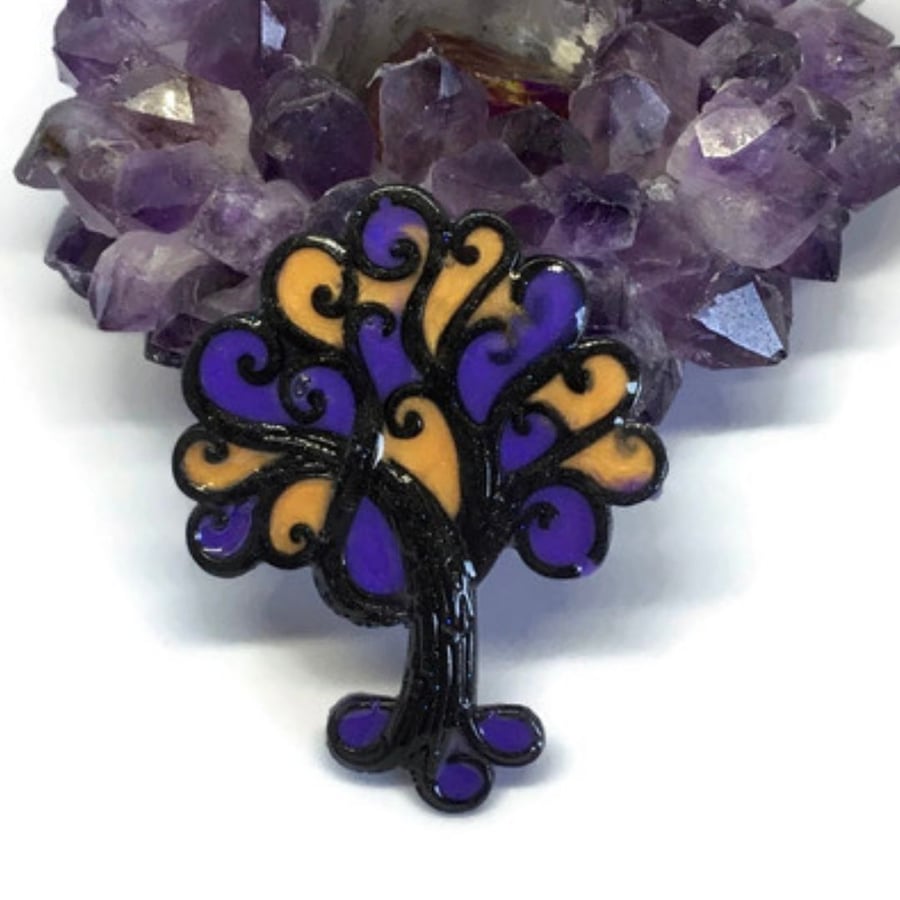 Tree statement brooch black, purple and orange. 